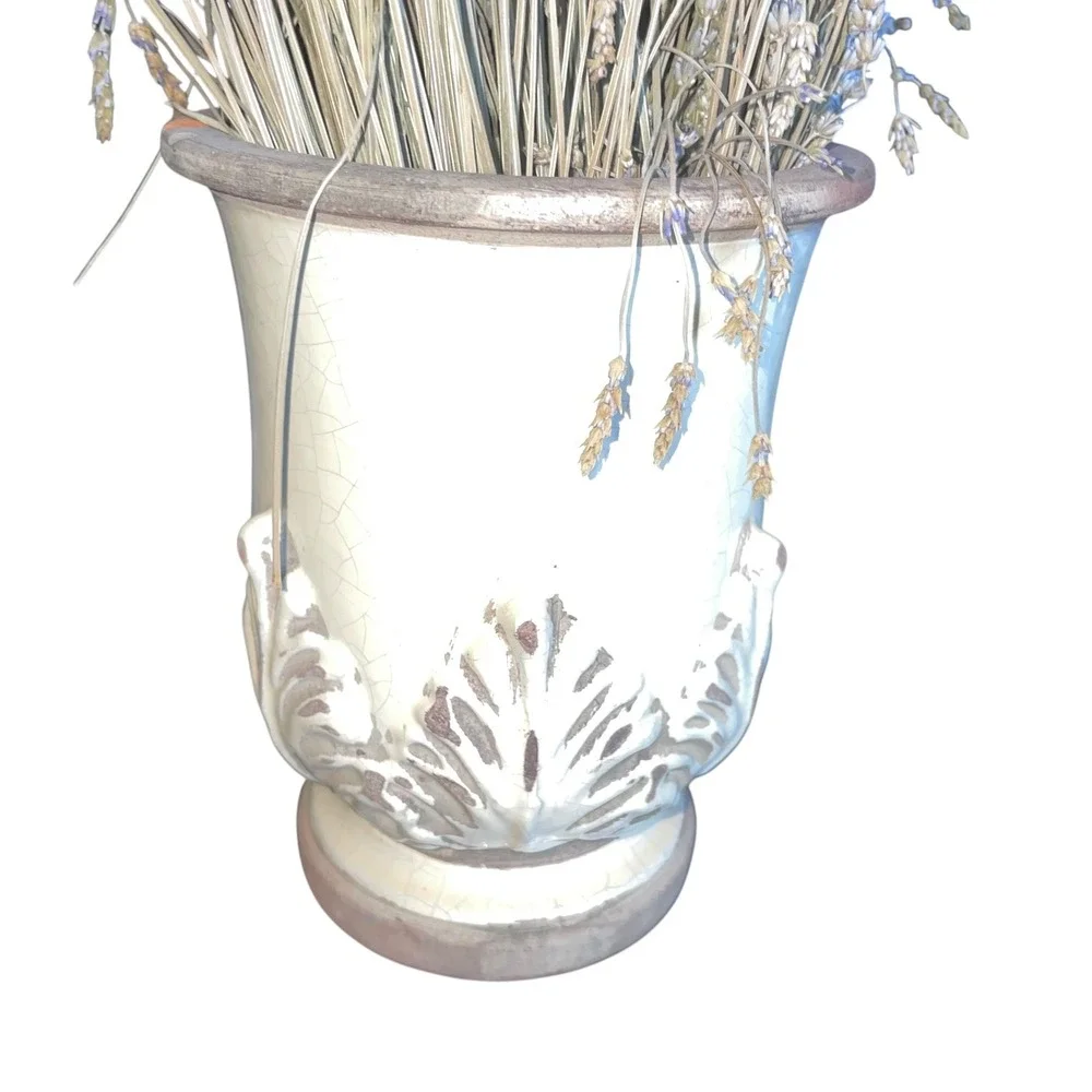 Vintage Floral Vase Urn with Dried Lavender‎ Arrangement Home Decor Cream